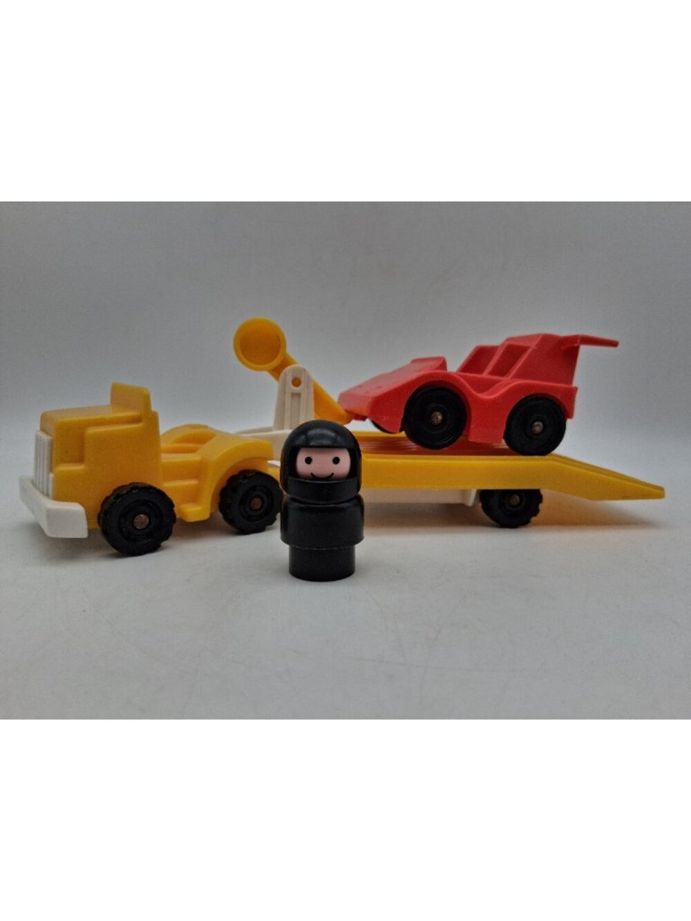 Vtg Fisher Price Little People Red Indy Race Car w/Driver Yellow Truck & Trailer